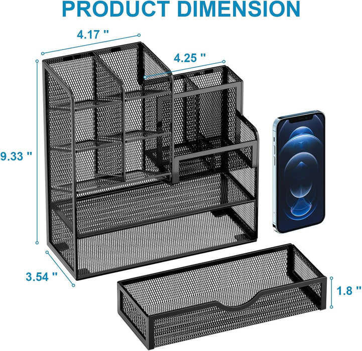 Mesh Pen Holder for Desk, Multi-Functional Pencil Organizer with Drawer, Desk Organizers and Accessories for Office Art 