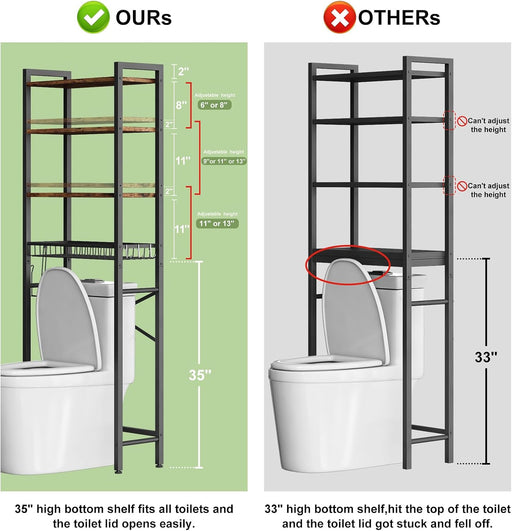 Over-The-Toilet Storage Rack, 4-Tier Bathroom Organizer Shelf Over Toilet with Adjustable Shelf and Basket, Freestanding