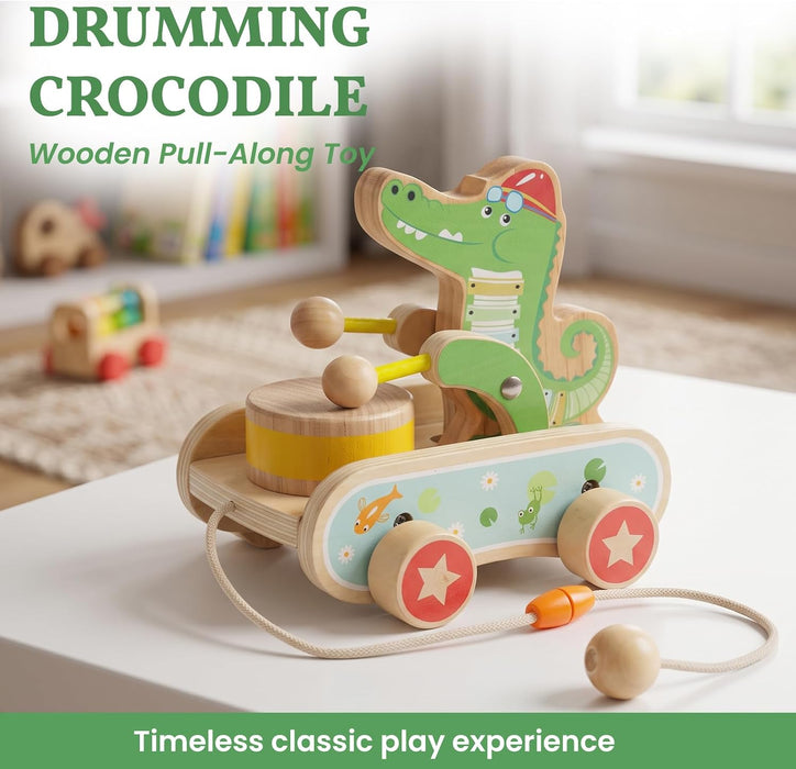 Wooden Push Toys for Toddlers 1-3, Crocodile Beating Drum Walking Pull Toy