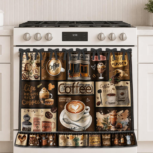 Coffee Bar Farmhouse Oven Skirt Curtain for Stove, Rustic Coffee Lover Tie Top Oven Curtain with Ruffle Trim, Decorative Stove Cover for Cozy Kitchen Decor, Cotton Blend Oven Skirt