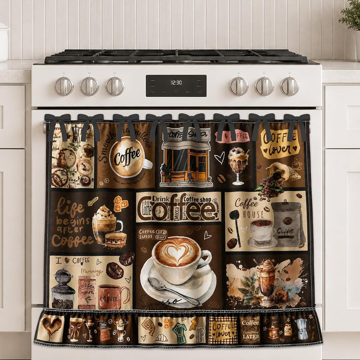 Coffee Bar Farmhouse Oven Skirt Curtain for Stove, Rustic Coffee Lover Tie Top Oven Curtain with Ruffle Trim, Decorative Stove Cover for Cozy Kitchen Decor, Cotton Blend Oven Skirt