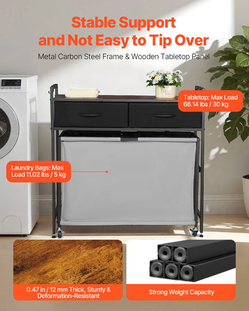 Three-Section Rolling Laundry Sorter with Drawers