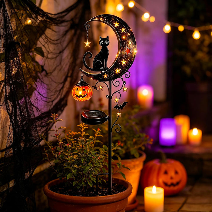 Solar Halloween Black Cat & Pumpkin Moon Garden Stake Light