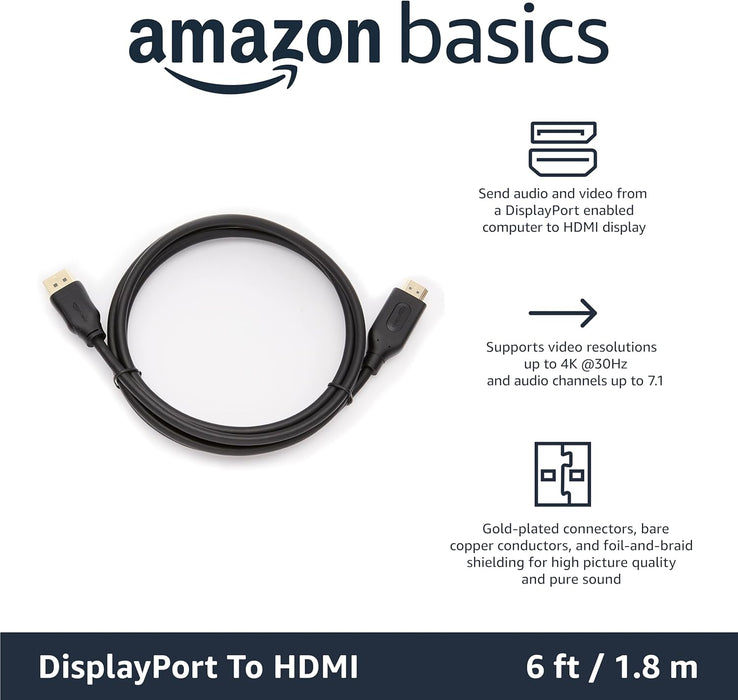 DisplayPort to HDMI Cable, Uni-Directional, 4K@30Hz, 1920x1200, 1080p, Gold-Plated Connectors for Enhanced Picture Quali