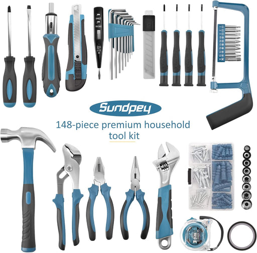 148 Pcs Portable Basic Hand Repair Home Tool Kit Set with Case Blue