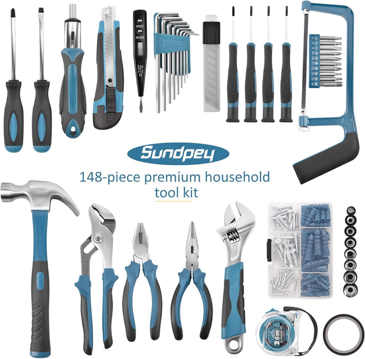148 Pcs Portable Basic Hand Repair Home Tool Kit Set with Case Blue