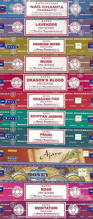Set of 12 Nag Champa, Lavender, Arabian Musk, Egytian Jasmine, Musk, Dragon's Fire, Dragon's Blood, Prana, Ajaro, Money, Rose, Meditation by  Incense Bangalore (BNG)
