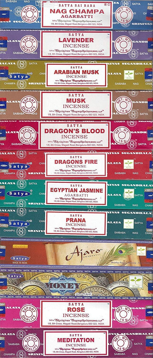 Set of 12 Nag Champa, Lavender, Arabian Musk, Egytian Jasmine, Musk, Dragon's Fire, Dragon's Blood, Prana, Ajaro, Money, Rose, Meditation by  Incense Bangalore (BNG)