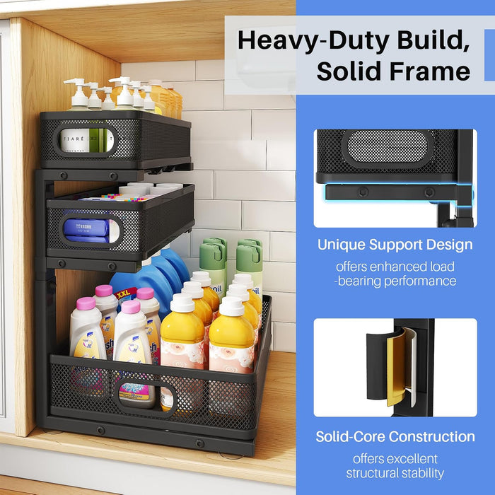 Under Sink Organizer, 3-Tier Thickened Metal Pull out Cabinet Organizer Shelf, Height Adjustable Slide out Storage Drawe