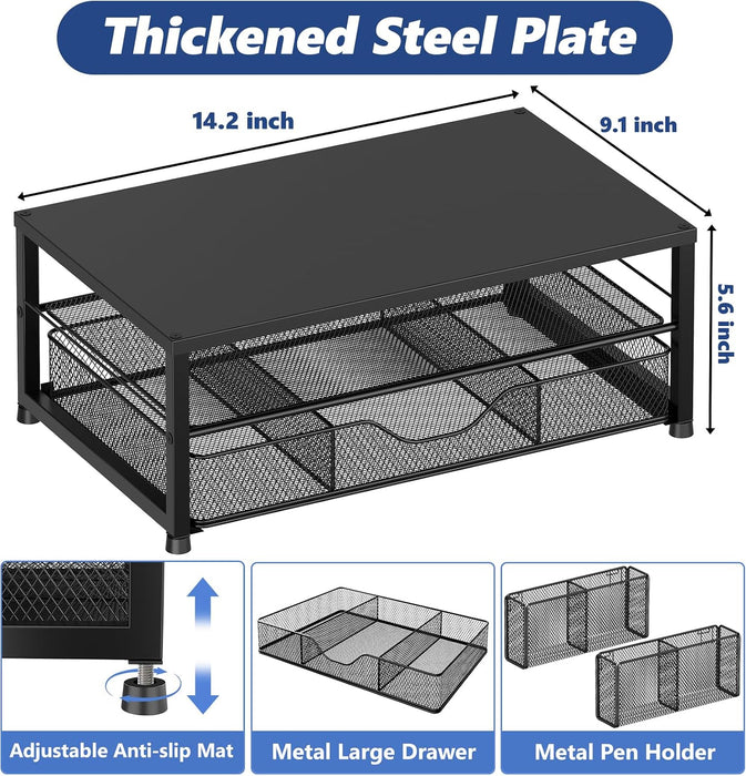 Desk Organizer and Accessories, 2-Tier Computer Monitor Stand Riser with Drawer and 2 Pen Holders, Laptop Stand, Office 