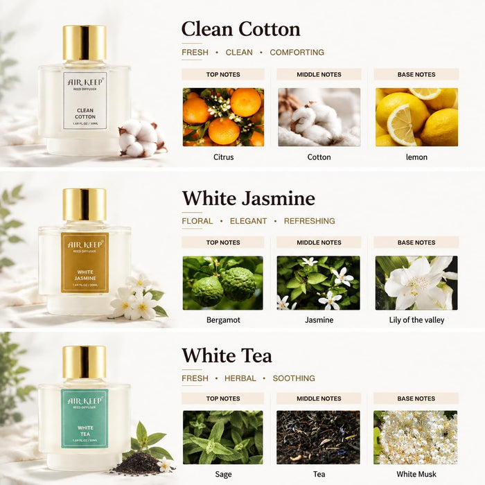Reed Diffuser Set of 3,Clean Cotton White Jasmine White Tea Oil Reed Diffusers for Bedroom Living Room Office Aromatherapy Oil Reed Diffuser for Gift 50ml x 3