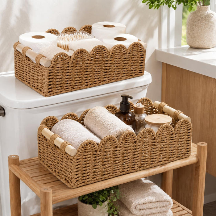 2 Set Scalloped Wicker Storage Baskets for Shelves,For Home Decor, Toilet