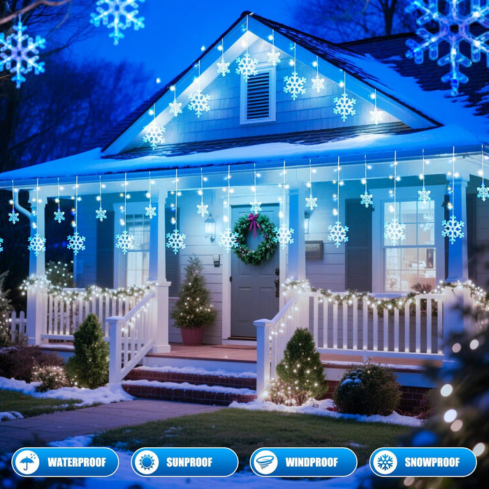 Christmas Snowflake Lights - 13ft 192LED Snowflake Icicle Lights with 16 Drops, 12 Modes and Timer, IP65 Waterproof Connectable Christmas Light for House Eave Window Indoor Outdoor Decoration