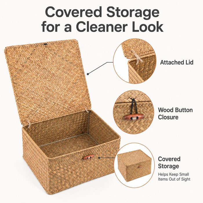 Square Handwoven Seagrass Wicker Storage Baskets with Lids, Set of 3