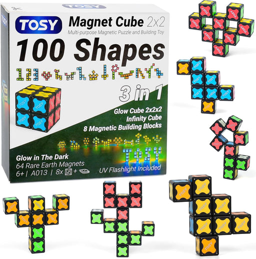 Magnet Cube 2x2 - 8 Blocks, 2 in 1 Toy: 2x2x2 Puzzle Cube and Customizable Infinity Cube, Glowing, UV Flashlight, Fidget