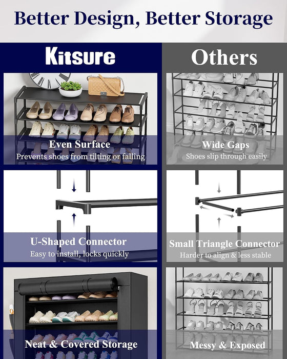 10-Tier Shoe Rack with Cover, Tall Shoe Shelf, 33" Wide, Black