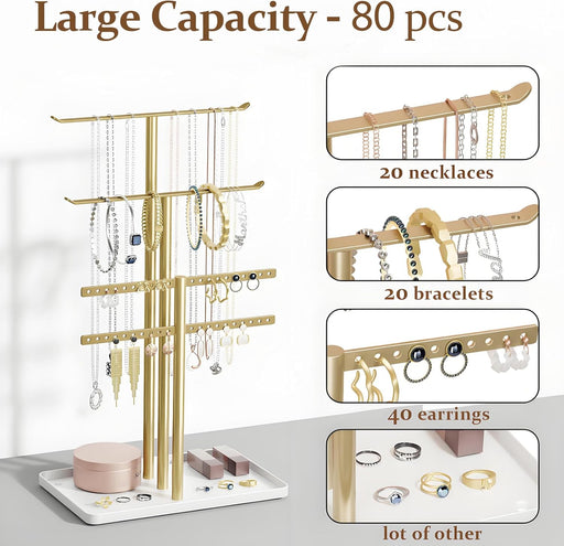 Jewelry Stand Holder Organizer: 14.5" Sturdy Hanger for 80 Pcs Jewelry, Gift for Women, Gold Jewlery Tower for Necklace,