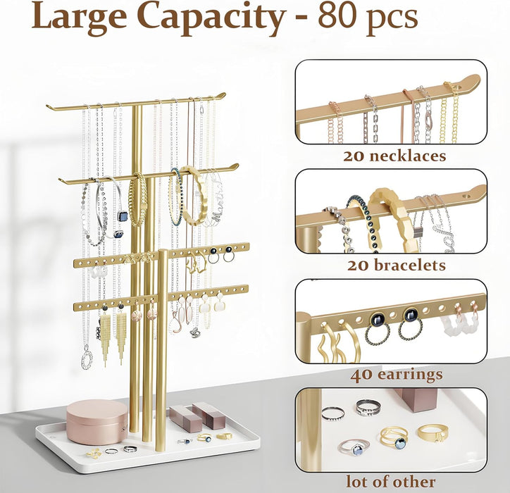 Jewelry Stand Holder Organizer: 14.5" Sturdy Hanger for 80 Pcs Jewelry, Gift for Women, Gold Jewlery Tower for Necklace,