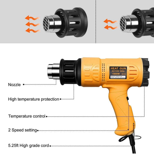 1800W Heat Gun Variable Temp 122℉-1202℉ for Crafts, Shrink Wrap