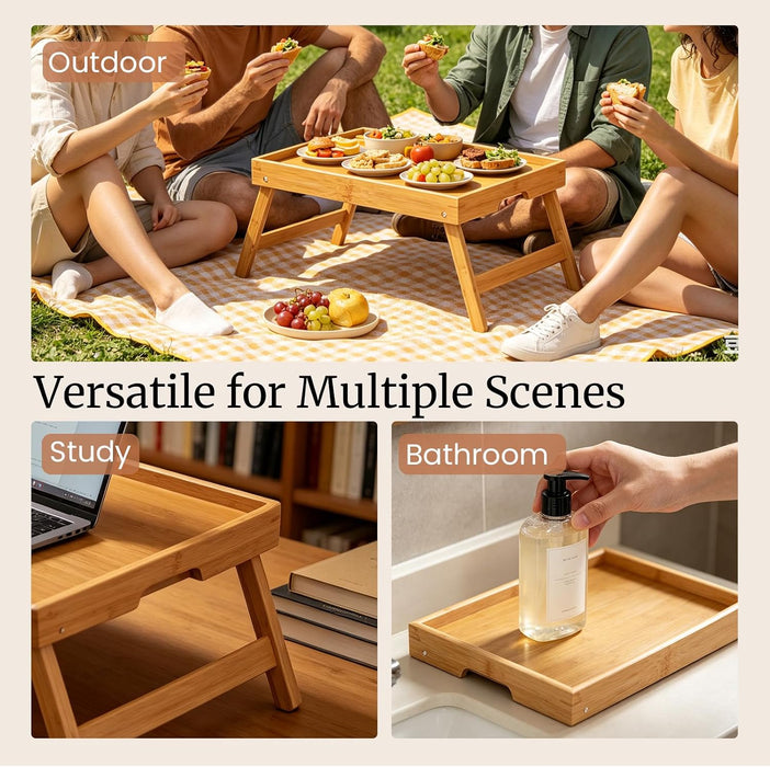 2 Pack Bamboo Bed Tray Table with Folding Legs,Breakfast Trays,Serving Tray for Food and Snack,Laptop Trays for Working(