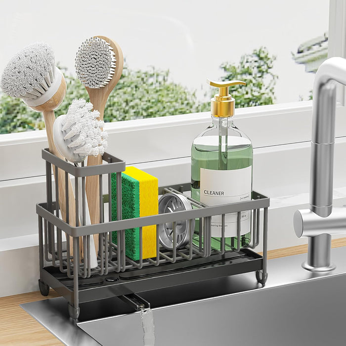 Sponge Holder for Kitchen Sink, Sink Caddy with High Brush Holder, Kitchen Sink Organizer Countertop Rustproof 304 Stainless Steel , Soap Dispenser Kitchen Organizers and Storage Essentials