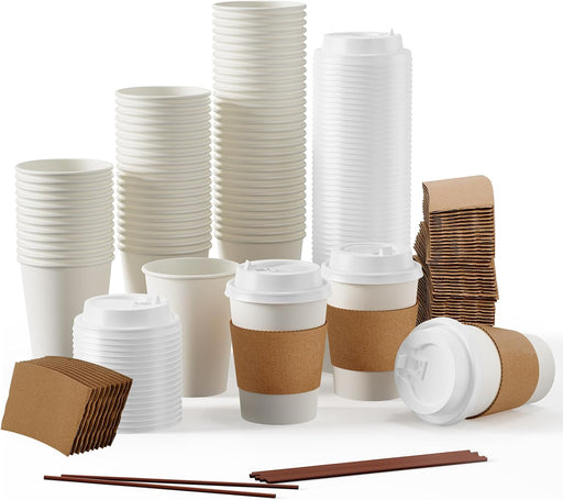 100 Pack 12 oz Disposable Paper Coffee Cups with Lids & Sleeves
