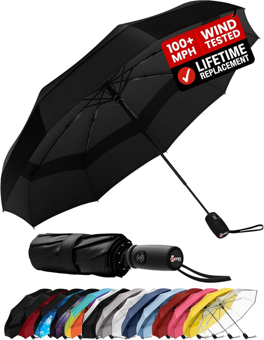 Windproof Travel Umbrella - Compact & Withstands Winds up to 100MPH, Strongest Premium Auto Folding Umbrella for Rain an
