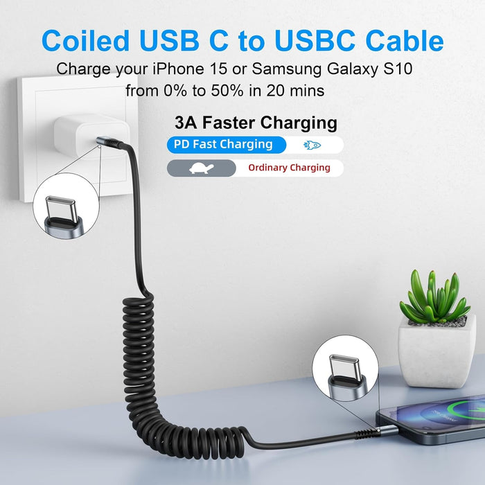 USB C Cable 3ft 2Pack USB C to USB C Charger Cable for Car, Coiled Type C
