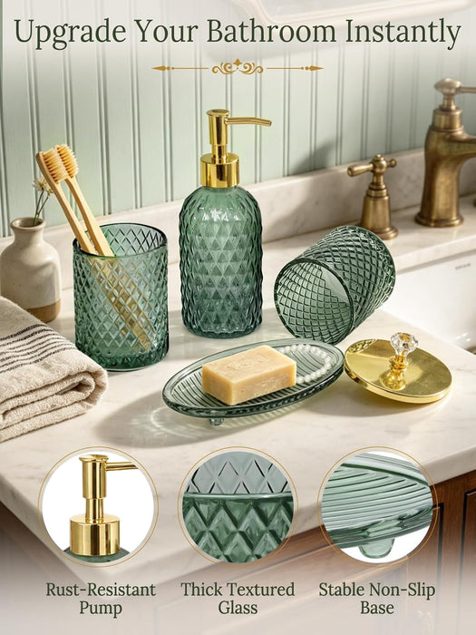 Glass Bathroom Accessories Set, Sage Green Bathroom Set, 4 Pcs