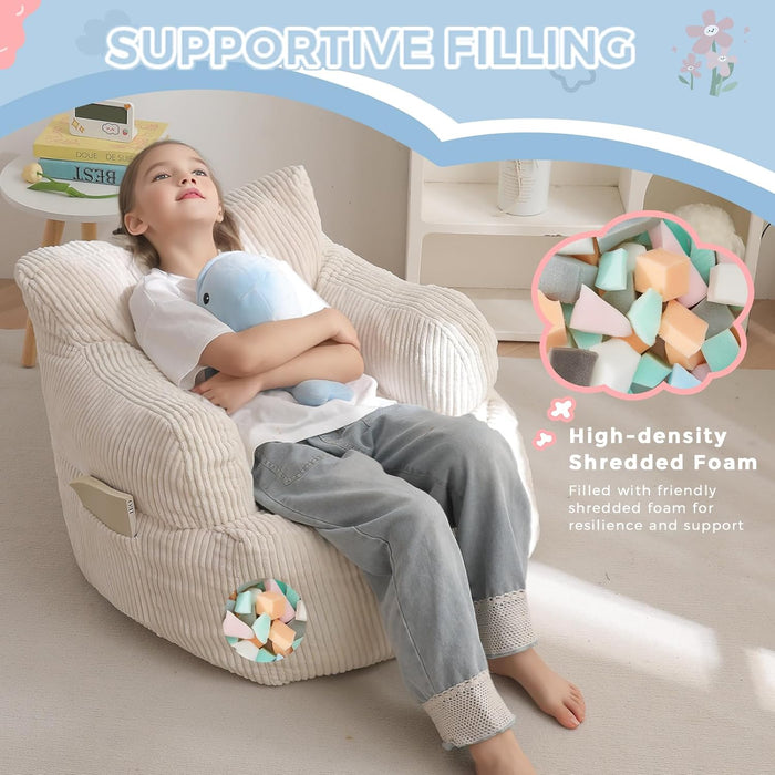 Kids Bean Bag Chair, Stuffed Bean Bag Sofa, Beige, Standard