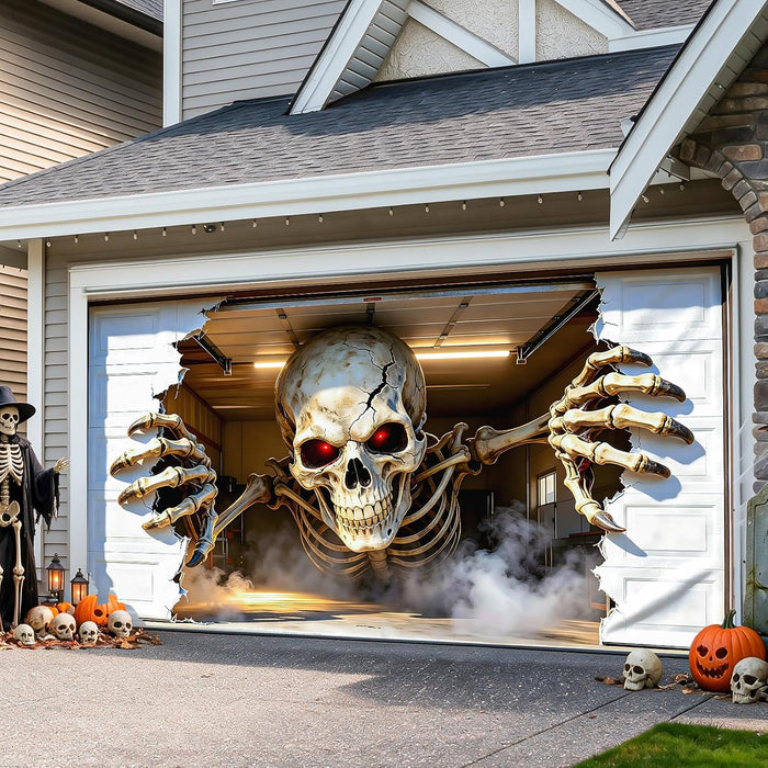 Halloween Garage Door Cover 16x7 FT, Realistic Garage Scene Design