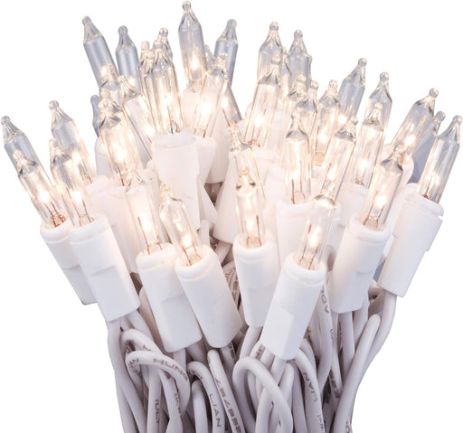 100 Clear Mini Incandescent Christmas Light on White Wire