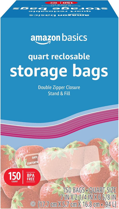 Reclosable Quart Food Storage Bags with Double Zipper Seal, BPA Free, 150 Count