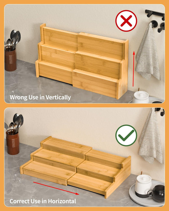 Spice Rack 3-Tier Natural Bamboo, Adjustable Cabinet Organizer Shelf