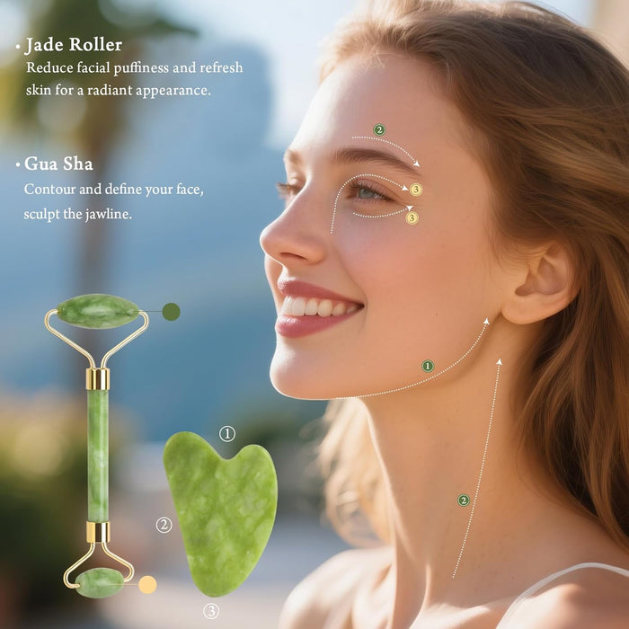 Gua Sha Facial Tools Face Roller for Wrinkles Jade Roller and Gua Sha Set, Scrubber Pore Brush Headband Skin Care Tools for Travel Skincare Routine Massaging Reducing Puffiness - Green
