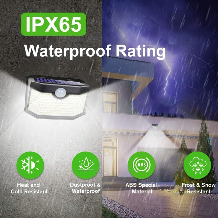 Solar Lights Outdoor 120 LED 3 Lighting Modes,Motion Sensor Wall Lights, IP65 Waterproof Solar Powered Wall Lights for Garden Deck Lights (Front Button 4Packs, Black Shell-Daylight White)