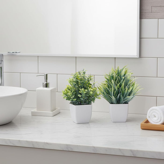 Fake Plants 4 Packs Small Artificial Greenery Mini White Potted Plants Bathroom Accessories Decorations for Desk Bathroom Office Home Room Kitchen Table Indoor