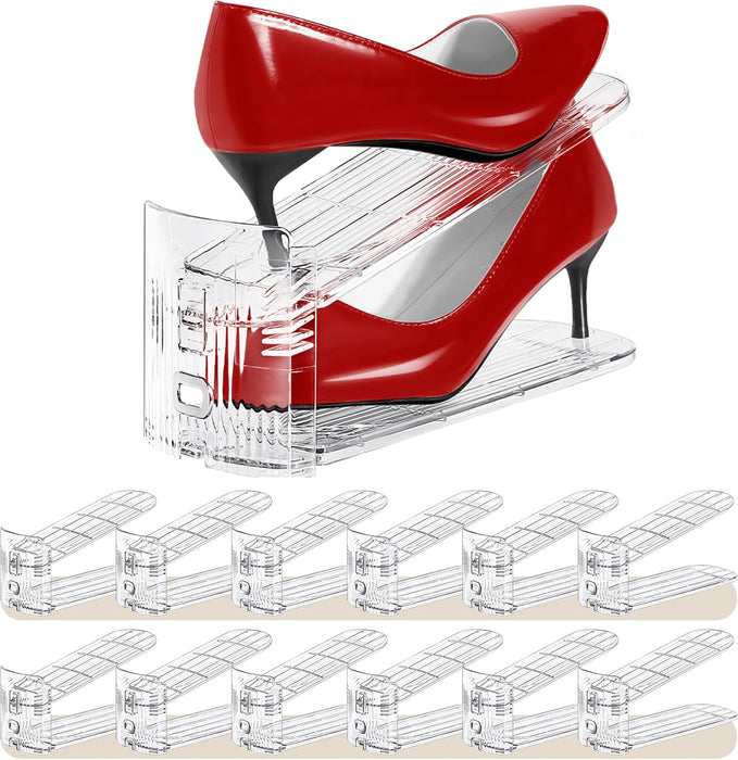 Shoe Slots Organizer 12 Pack - Shoe Stacker,3 Levels Adjustable,Space Savers 50%,Double Layer Holders for Closet (Transp