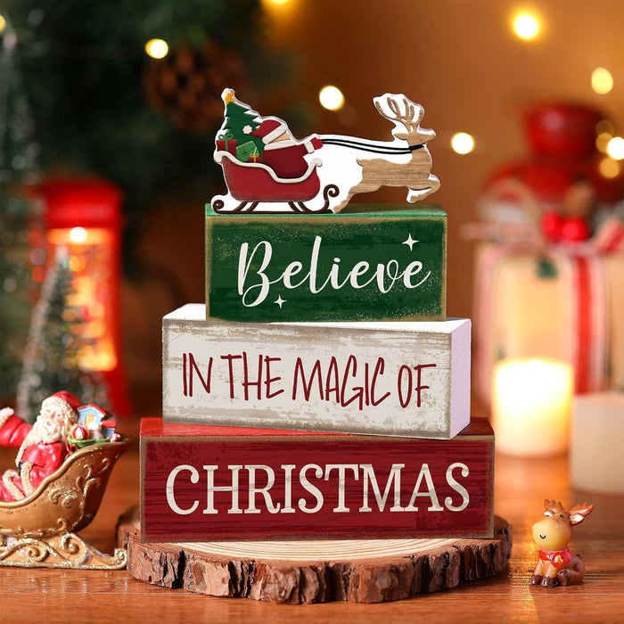 4 Pcs Christmas Table Decorations Wooden Stacked Block Santa