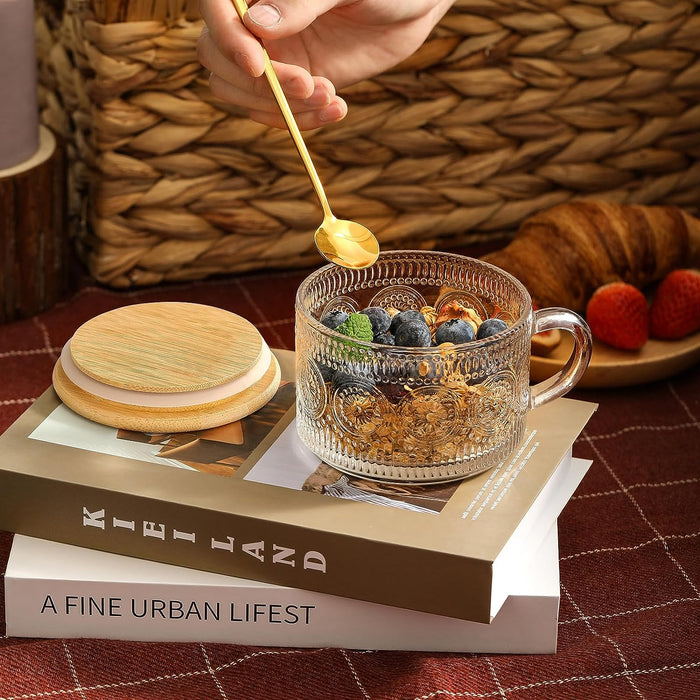 4pcs Set Vintage Coffee Mugs gifts for women, Overnight Oats Containers with Bamboo Lids and Spoons - 14oz Clear Embosse