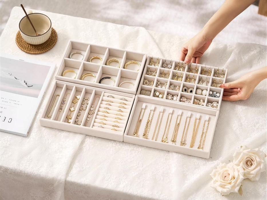 Velvet Jewelry Drawer Organizer Trays – 4-Layer Stackable Jewelry Storage Inserts Set, Beige Jewelry Tray Set for Earrin