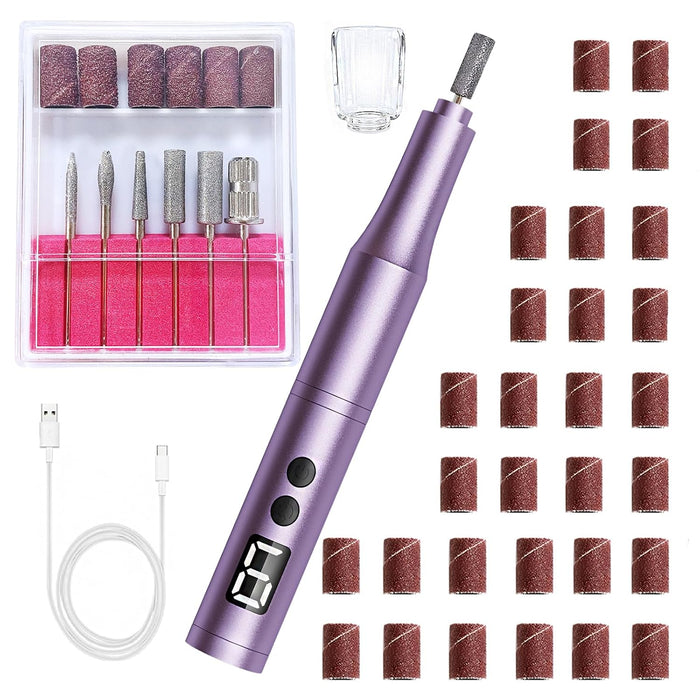 Professional Cordless Nail Drill Kit for Gel & Acrylic Nails, Electric Nail File with 5 Metal Bits, 30 Sanding Bands & D