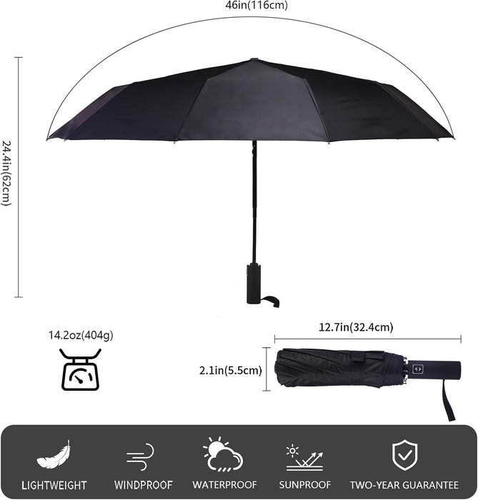 2 Pack 46 Inch Umbrellas, Double 10-rib, for Rain, Compact Travel
