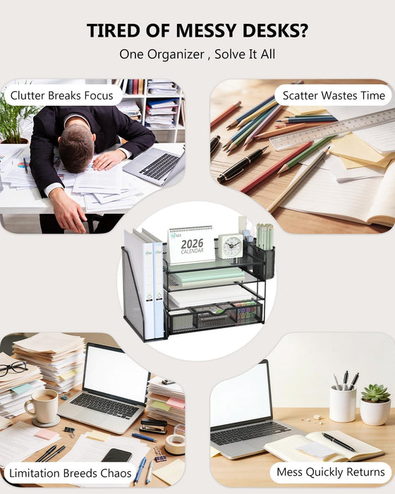 Desk File Organizer, 4 Tier Desktop Paper Letter Tray Organizer with Drawer and 2 Pen Holders, Office Desk Accessories &