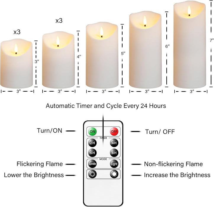 Flameless Candles with Remote, Battery Operated Flickering Flameless Candles, LED Candles with Timer 2/4/6/8H, with Realistic LED Candles Set of 9 (D3 x H 3" 4" 5" 6" 7") (White)