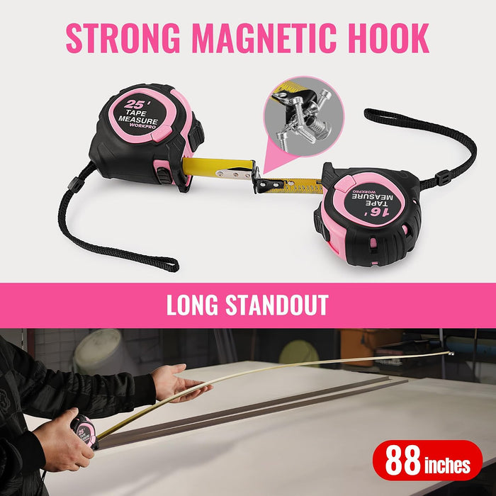 25-FT Tape Measure with Fractions, 3 Brakes Retractable Measuring Tape, Compact Measurement Tape with Magnetic Hook, Nyl
