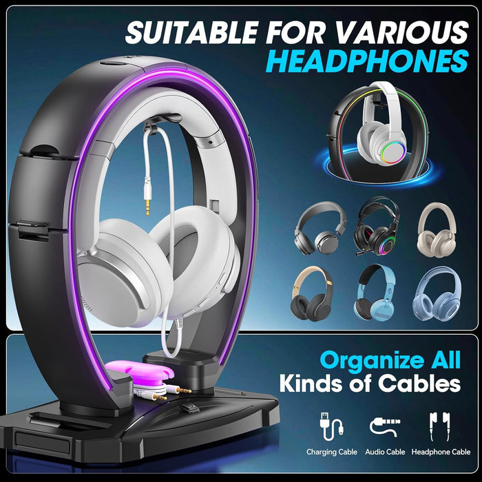 RGB Headphone & Controller Stand with 9 Light Modes - Foldable Controller Hanger for Desk - Earphone Stand with Cable Or