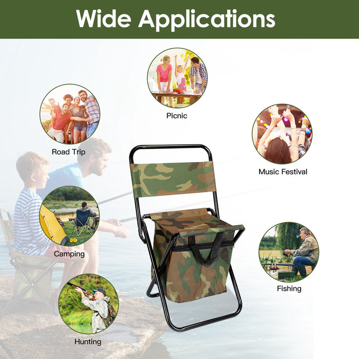 Foldable Fishing Stool with Backrest and Cooler Bag
