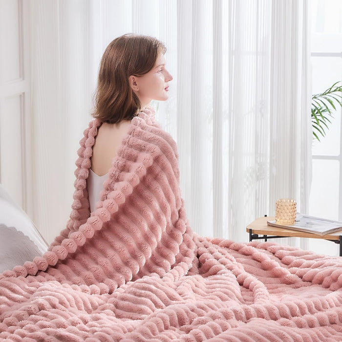 Fleece Ribbed Cozy Throw Blanket for Couch, Pink, 50"x60"