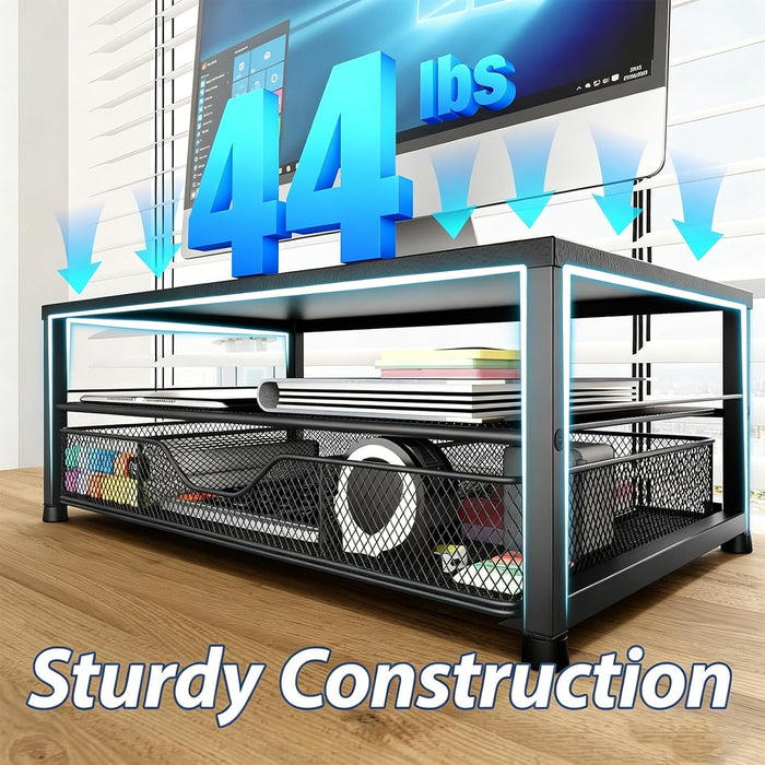 Desk Organizer and Accessories, 2-Tier Computer Monitor Stand Riser with Drawer and 2 Pen Holders, Laptop Stand, Office 